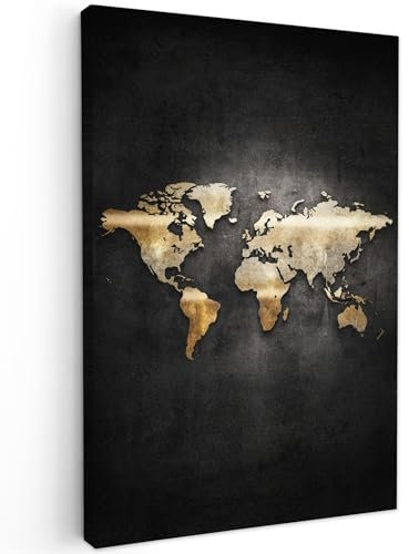 MuchoWow© Impression sur Toile Decoration Murale Peinture 20x30 cm Tableaux Decoratifs Muraux Décoration Chambre Carte du monde - Or - Paillettes - Noir