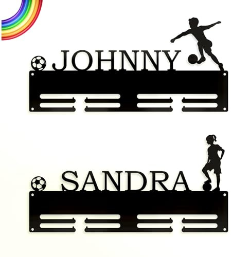 Personalisierter Fußball-Medaillenhalter mit Name für Kinder Ball & Fußballspieler Geschenk für Fußballer Sport Medaillenträger aus Metall Fußball Medaillen Aufhänger Wanddekorationen, Jungen, Mädchen