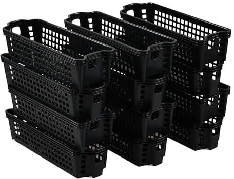 Nihenok 12 Packs Plastic Slim Baskets, Pencil Pen Organiser Baskets, Stackable Narrow Storage Bin for Classroom, Kitchen, Bathroom, Home Studio, Black