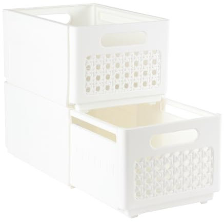 Gzsekken 2 Pack Plastic Storage Bins Expandable Storage Boxes with Handle,Large Stacking Bins Kitchen Cupboard Storage Snack Drawer Organiser for Kitchen Container for Pantry Organiser & Storage,White