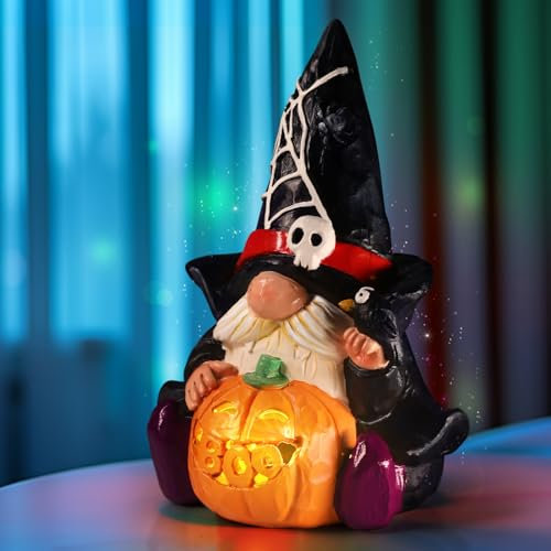 Halloween Dekorationen, Halloween Deko Zwerge Kürbis mit Lichtern, Niedliche Zwerge Statuen für Home Decor, Halloween Tischdekoration Batteriebetriebene Innen für Tisch Party Decor