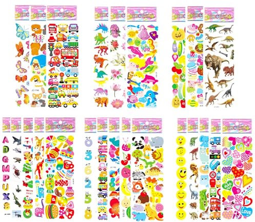 FNGEEN Puffy Stickers for Kids Toddlers, Small 3D Sticker Variety Pack, Kid Stickers 24 Sheets Bulk, Mini Party Favor Party Bag Filler Boy Girl (Dinosaur Car Animal Dog Flower Heart Number Food Truck)