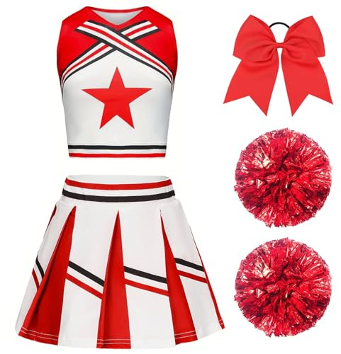 XFOZDM Cheerleader Kostüm Kinder Cheerleader Kostüm Kleid Mädchen Cheer Uniform mit Pompoms und Kopfschmuck Cheerleading Outfit Kinder für Faschingskostüme Halloween Karneval Rot 150