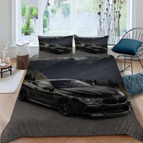 Sportwagen Bettwäsche-Sets,Microfaser Bettwäsche 135X200 + 80X80 Kissenbezug,Schwarzes Auto 3D Bettbezug Mit Reißverschluss Sommer Winter Für Kinder,Single Bed,A18
