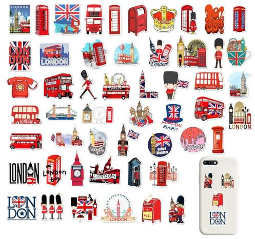 Roter Bus-Aufkleber – Britische London-Aufkleber, 50 britische Flaggen-Aufkleber, Union Jack London rote Busse, London-Urlaubsreiseaufkleber mit verschiedenen Designs, Vinyl-Busaufkleber für