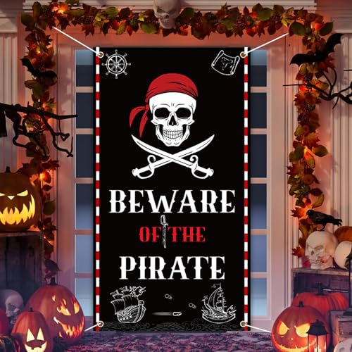 HAKOTOM Piraten Türabdeckung Piraten Tür Banner 180x90cm Schädel Partysbanner Schatzsuche Party Zubehör Innen Draußen Piratenschatz Spiele Deko für Halloween Karneval Cosplay Mottoparty