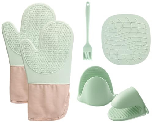 Roysmart Ofenhandschuhe Hitzebestaendig (6er Set), Topflappen Silikon Anti- Rutsch Topfhandschuhe Kochhandschuhe, Küchen Zubehör Backofen Handschuhe with Untersetzer Topf & Klebehaken & Bürste