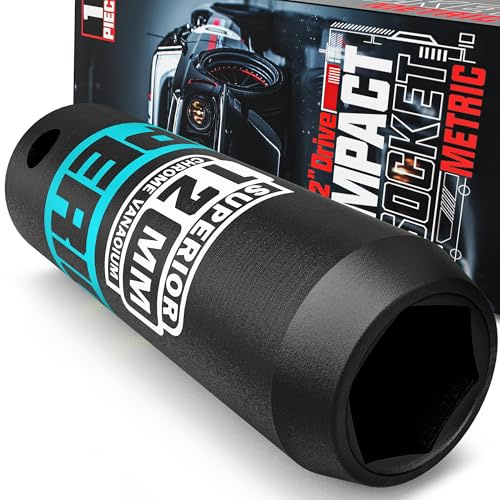 KIRXST 1/2 Drive 12mm Deep Impact Socket, 6 Point CR-V Deep Socket, 78mm Length, Auto Trucks Car Tires Repairing DIY Mechanic Tool