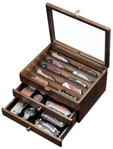 Knife Display Case, Knife Collection Display Holder with Glass Lid, 2-Layer Wooden Pocket Knife Case with Drawers