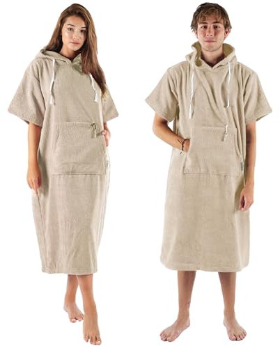 CalmyBEACH Frottee Badeponcho Damen Herren - Surf Poncho 100% Baumwolle Strandponcho mit Reißverschlussfach Kapuze Umziehhilfe Strand Bademantel (L-XL, Beige)