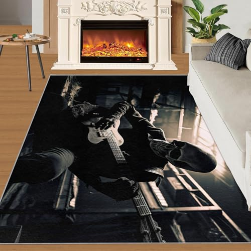 SANSJI Teppich mit Skelett-Gitarrenliebhabern für Schlafzimmer, 80 x 150 cm, Motiv: Todesmusikbereich, Teppiche für Wohnzimmer, Totenkopf-Teppich, rutschfest, waschbar, schwarz, schmutzabweisend,