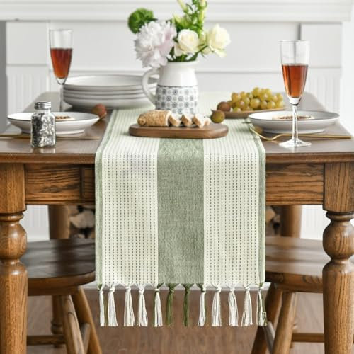 NICKLIN Makramee Boho Tischläufer Salbeigrün mit Quasten 183x33cm, Baumwolle Leinen Landhausstil Vintage Tischläufer für Tisch Hochzeitsdeko, Parteien