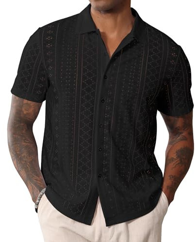Mens Short Sleeve Shirt Button Down Cuban Collared Casual Summer Beach Shirts Black