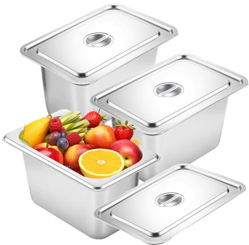 Lot de 3 bols en acier inoxydable avec couvercle, 17,5 x 11 x 10 cm, récipients GN 1/3, pour aliments chauds et froids, restauration buffet, hôtel, facile à nettoyer