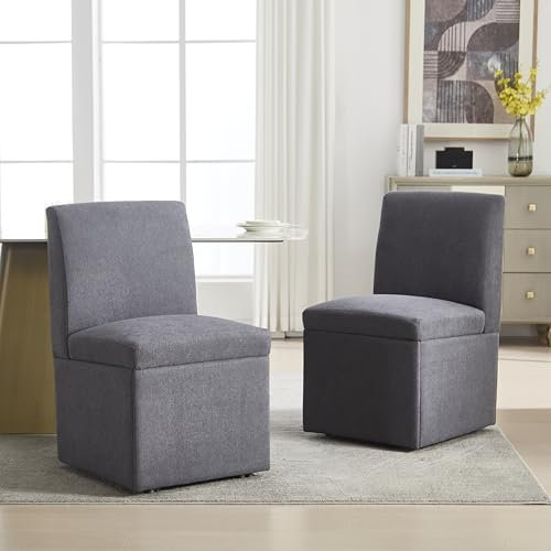 Soweiz Gepolsterte Esszimmerstühle 2er Set Drehbare Esszimmerstühle Küchenstühle Rollen Lagerung Bequemer Rollsessel für Wohnzimmer Armloser Stuhl (Dark Gray Leinen)