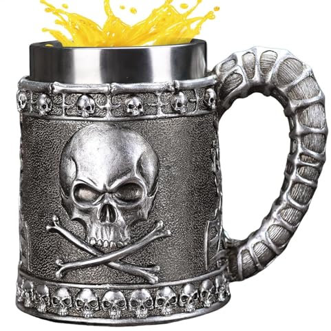 Skull Vikng Drinking Mug – Large Capacity Gothic Skull Beer Stein | Transparent Glass Tankard for Halloween & Parties | Stainless Steel Beer Goblet | Vintage Pirate-Themed Beer Cup