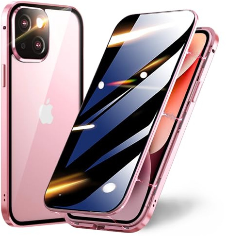 TOPF&B Privacy Case for iPhone 15,Magnetic Cover Built-in Privacy Screen Protector and Camera Protector,360 Degree Full Cover Metal Bumper Case for iPhone 15,Pink