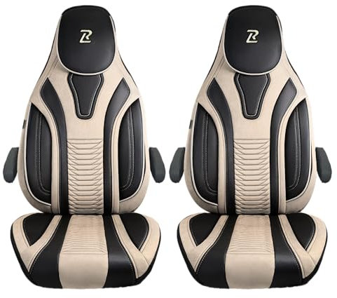 LUCARO Sitzbezüge Wohnmobil für FIAT Ducato, Peugeot Boxer, Citroen Jumper, Opel Movano C Beige Portofino Velours & Kunstleder - Satz mit 2 Stück - Wohnmobil Zubehör - Schutz & Komfort beim Fahren