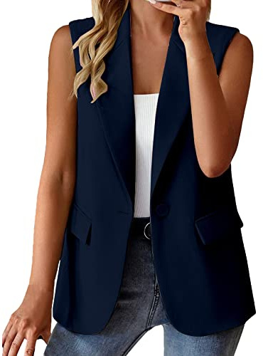 Generisch Blazer, gilet da donna senza maniche, elegante, aperto, con bottoni, tinta unita, con tasche, casual, da donna, Blu marino, M