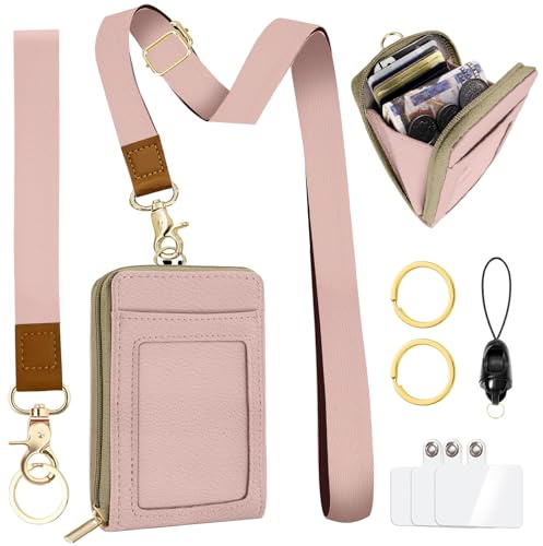 Bolimoss Porte-cartes rose avec cordon et porte-badge, porte-clés RFID pour femme, porte-carte à fermeture éclair avec cordon détachable pour téléphone, bracelet de poignet pour clé, étiquette de nom