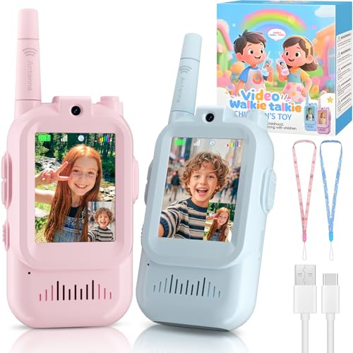 Walkie Talkie Kinder mit HD Video, Geschenk Mädchen Junge 4 5 6 7 8 Jahre, 2er-Set mit Kamera & Bildschirm, Automatische Kopplung, USB-C Wiederaufladbar, Spielzeug für Zuhause & Outdoor (Blau & Pink)