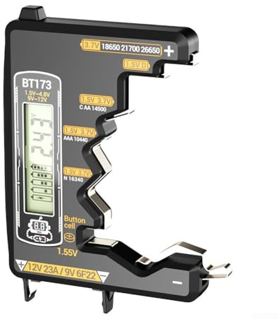 BT173 Digital Battery Tester for 1.5V-12V Lithium, AA, AAA, 9V, Button Cells, with LCD Display and Reverse Polarity Protection