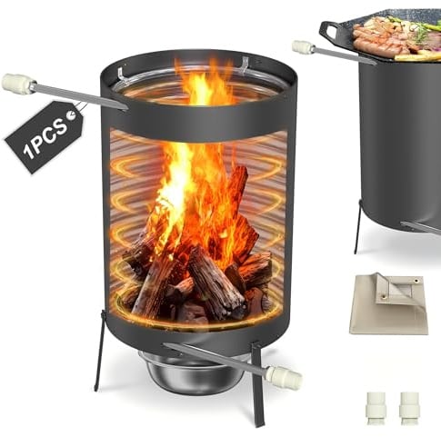 YRHome 1er Edelstahl Poolheizung Feuertonne Mit Heizspirale,Ø32/ Ø38mm 2 in 1 Anschluss,Brennholz Heizung,Mit Feuerschutzmatte & Restasche Auffangwanne,28 L Inhalt Gartendusche Heizungen,Schwarz