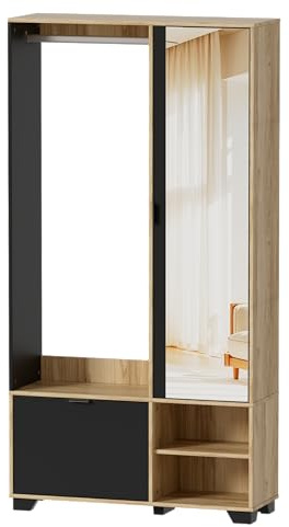 MSFE Garderobenset mit Spiege, Garderobenset Flur mit Kleiderstange, Schuhschrank und Fächer, Kompaktgarderobe,Garderobe Holz,Schrank und Schuhschrank geeignet als Flurgarderobe,100x33x190cm