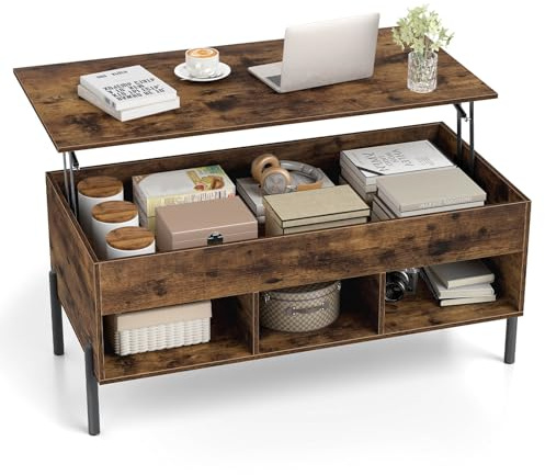 COSTWAY Couchtisch Höhenverstellbar, Beistelltisch mit anhebbarer Tischplatte & 3 offenen Fächern, Wohnzimmertisch aus Holz mit großem verstecktem Fach, Kaffeetisch für Wohnzimmer, Büro (Braun)