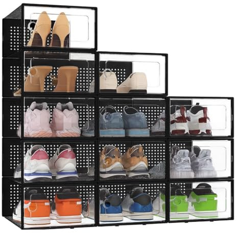 AH Living Shoe Storage Box, 12 Pack, Stackable Shoe Boxes, Plastic Shoe Organisers with Lids, Breathable, Suitable for Women’s/Men’s Shoes, Fits up to UK 11 (Black, Large)