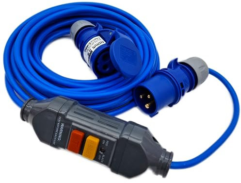 UK Made 10 Metres IP44 230V 16A CEE Plug to Connector Hookup Extension Cable With RCD 1.5mm2 Blue Arctic Cable