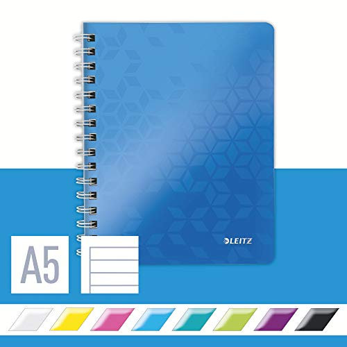 Leitz WOW Collegeblock A5 liniert, 160 Seiten, 80 Blatt FSC-zertifiziertes Papier 80 g/m², Doppelspiralbindung, PP-Einband, Notizbuch mit Sichthülle und Lineal, Für Büro oder Schule, Blau, 46390036