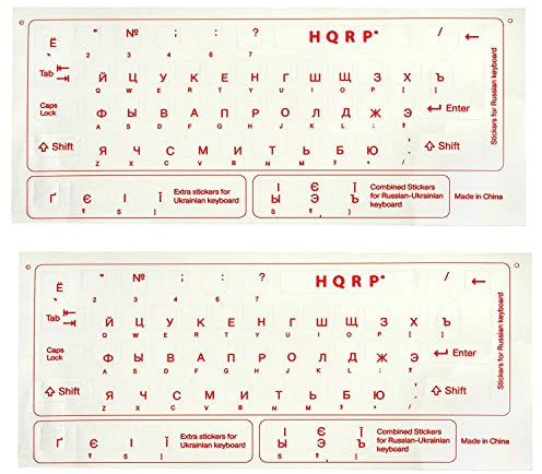HQRP 2-Pack Ukrainian/Russian Cyrillic Keyboard Stickers with Red Lettering on Transparent Background for All PC & Laptops