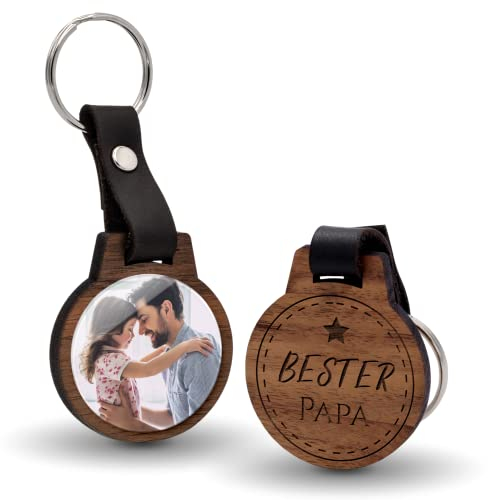 CHRISCK design Schlüsselanhänger mit Foto und Gravur - echtes Holz - kratzfestes Foto! - Geburtstagsgeschenk für Papa personalisiert - Bester Papa Dad Vater - Papa Geschenke Geburtstag Baby Tochter