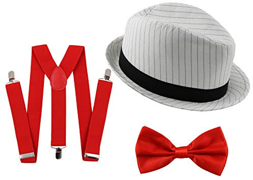 20er Jahre Gangster Kostüm Set für Herren I Hut - Hosenträger - Fliege I Rot - Weiß I 1920er Mafia Accessoire Outfit