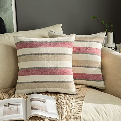 MIULEE Streifen Kissenbezüge Kissenhülle Leinenoptik Sofakissen Dekorative Kissenbezug Dekokissen Deko Couchkissen Bezug für Sofa Couch Schlafzimmer Wohnzimmer 2er Set 50x50 cm Rotwein
