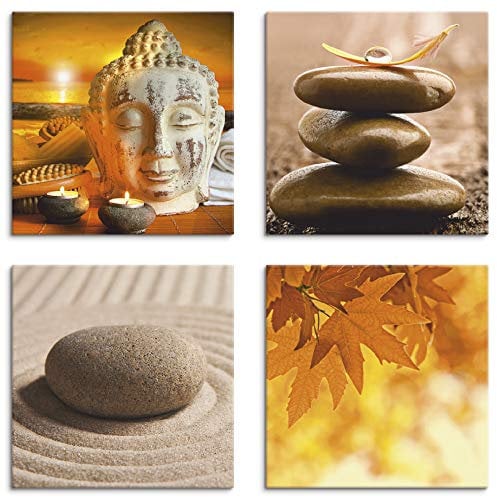 ARTLAND Wanddeko Wellness Bilder Leinwand Bilder Set 4tlg. je 30x30 cm Quadratisch Wandbilder Buddha Zen Garten Massage Steine A7JH
