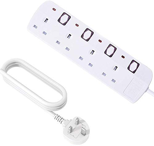 4Gang 3Metres/10 Feet Power Surge Protected Switched Extension Lead 4 Way with Individual Switches