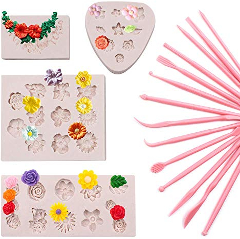SnailGarden 18Stk Kuchen Silikon Backformen Set,14Stk Kuchen Modellierwerkzeug mit 4Stk 3D Blumen Silikon Formen,DIY Silikon Formen für Fondant Gelee Schokolade Marzipan Kuchen Muffin Süßigkeit Backen