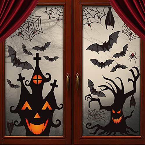LOAVER 90 Stück Halloween-Fensteraufkleber mit PVC-Flädermäusen und Spinnennetz-Fenster-Aufkleber für Halloween-Party-Dekoration