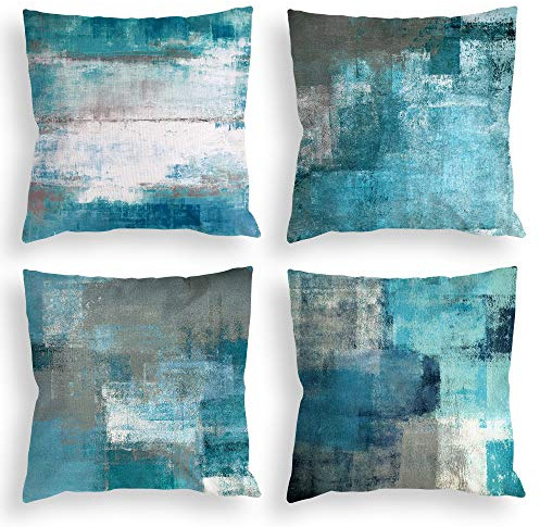 COLORPAPA Blaugrüne Dekokissenbezüge, 45,7 x 45,7 cm, Türkis, Grau, abstrakte Kunstmalerei, Kissenbezug für Sofa, Schlafzimmer, Wohnzimmer, Dekor