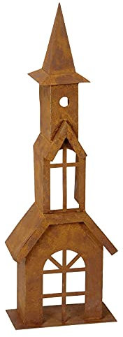 dekorative Garten-Laterne Tisch-Laterne Garten-Windlicht Haus Kirchturm Metall edelrostig (mittel ca. 48 cm hoch)