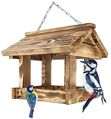 LEVIATAN EVIATAN Maxi Maison de mangeoire en Bois sur Une chaîne Maison d'oiseau Station de mangeoire Suspendue pour Nourrir Les Oiseaux Sauvages Toute l'année Prêt à l'emploi, Aucun Assemblage requis