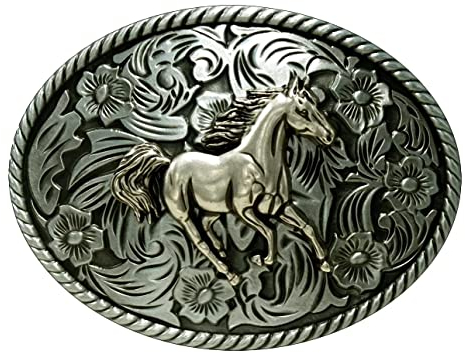 Moranse Silberne Gürtelschnallen mit schönem Pferd-Gravurmuster, Cowboy-Western-Gürtelschnallen, Ovales, silberfarbenes Pferd, Medium