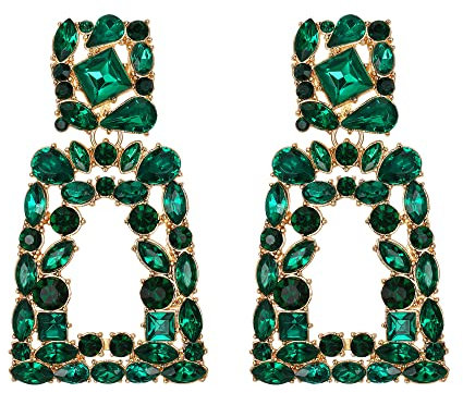 EVER FAITH Pendientes cuadrados grandes bohemios de goteo de cristal geométrico con diseño en relieve Verde oscuro