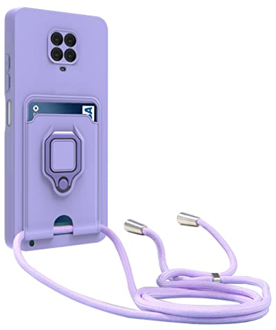 yanasuo Protección de Cámara Funda Compatible con Xiaomi Redmi Note 9S/Note 9 Pro/Note 9 Pro MAX, con Anillo Soporte, Ajustable Collar Correa de Cuello Cordón Carcasa de Silicona-Púrpura