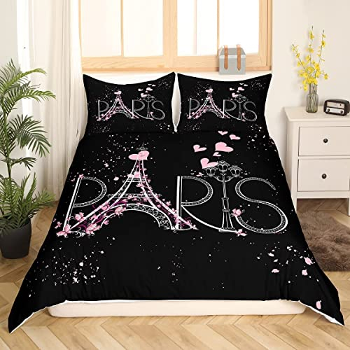 Loussiesd Eiffelturm Bettwäsche 135x200cm Paris-Bettwäsche-Set, Romantisches Thema Bettbezug für Jungen Mädchen Kinder Teenager schwarz rosa moderner französischer Stil Bettwäsche mit 1 Kissenbezug