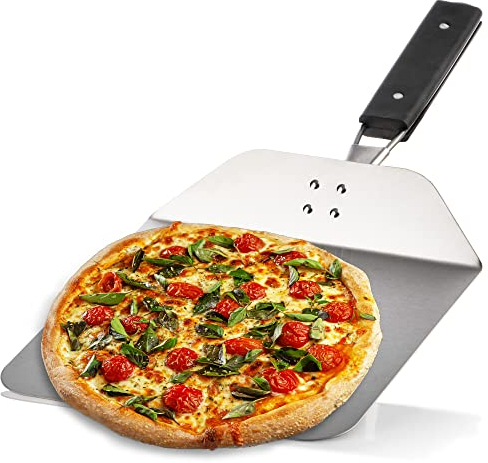COM-FOUR® Pala para pizza de acero inoxidable 430 - elevador de pizza y pasteles con mango de madera - pala para pizza (plateado/negro - angular)
