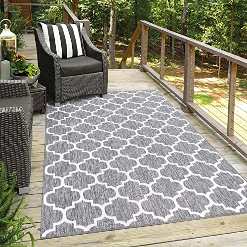 carpet city Teppich Outdoor Wetterfest - Grau - 140x200 cm - Marokkanisch - Balkon Teppich Wasserabweisend - In-& Outdoor Teppiche für Terrasse, Garten, Küche, Bad oder Wohnzimmer