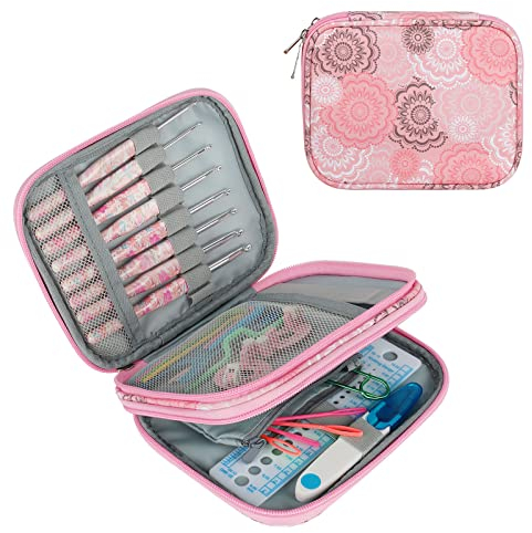 Aeelike Kurze Mandala-Häkelnadel-Etui, Rosa Häkeltasche Organizer mit Doppeltes Aufbewahrungsfach, 17,5×14×4 cm, Reißverschluss-Aufbewahrungstasche für Häkelnadel, Zubehör(nur Tasche)